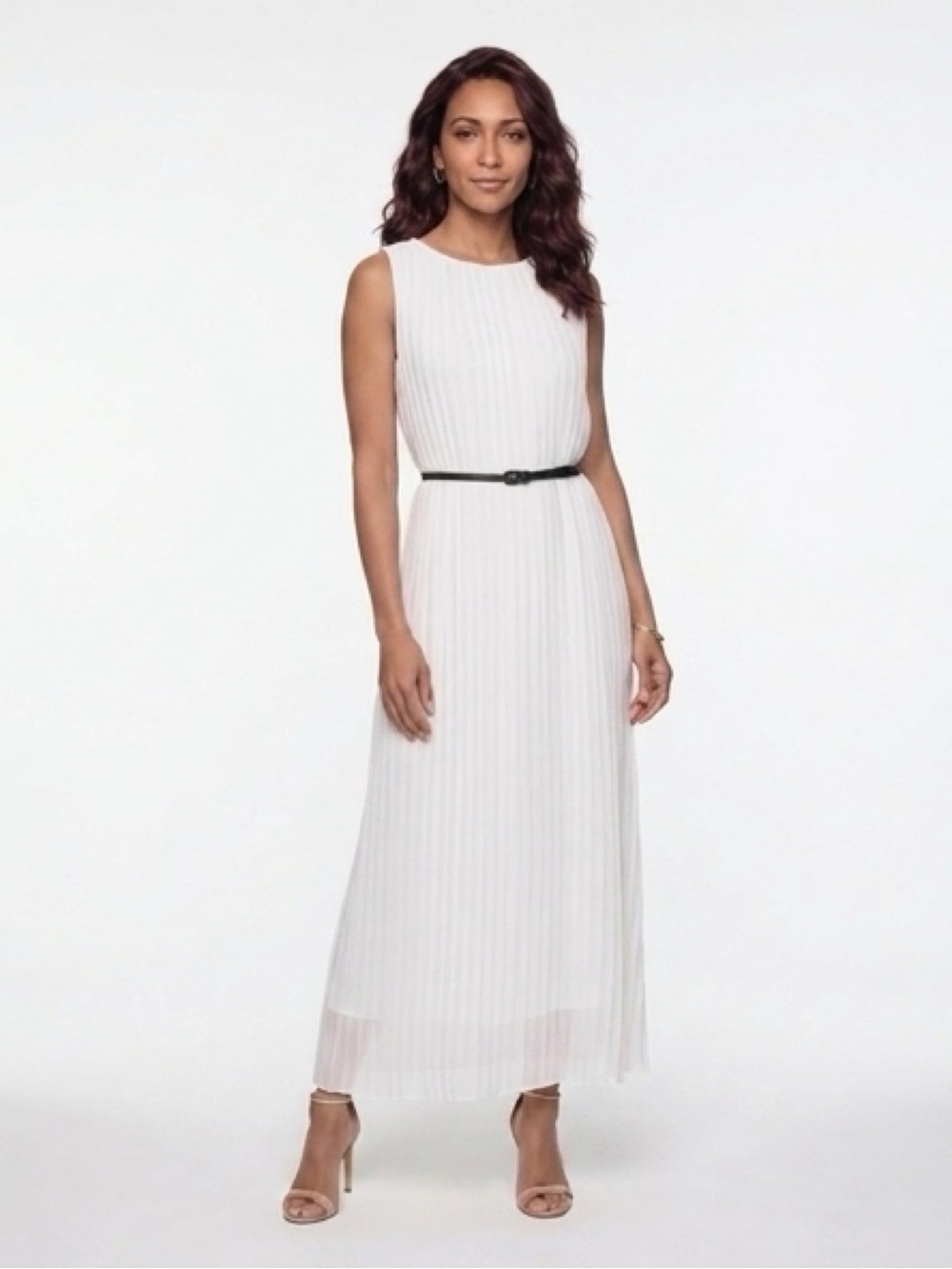 Sleeveless White Pleated Maxi Dress with Belt